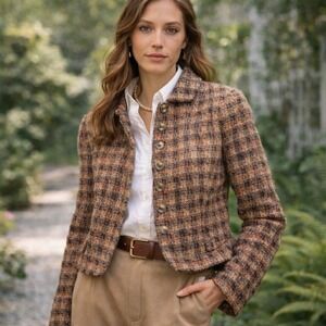 Ann Taylor LOFT Brown Orange Plaid Boucle Tweed Cropped Jacket Blazer Size‎ 10